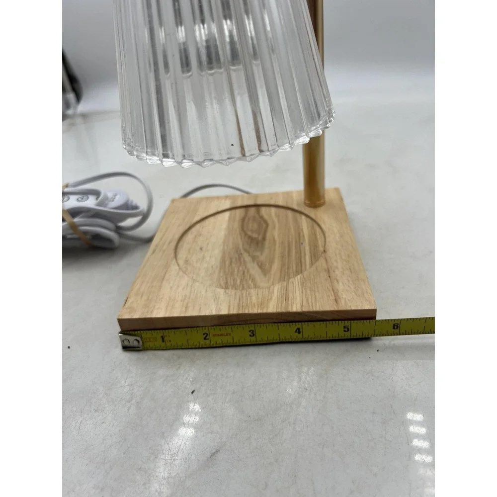 Electric Candle Warmer Lamp Gold Fluted Glass Shade Wood Base Timer Dimmer